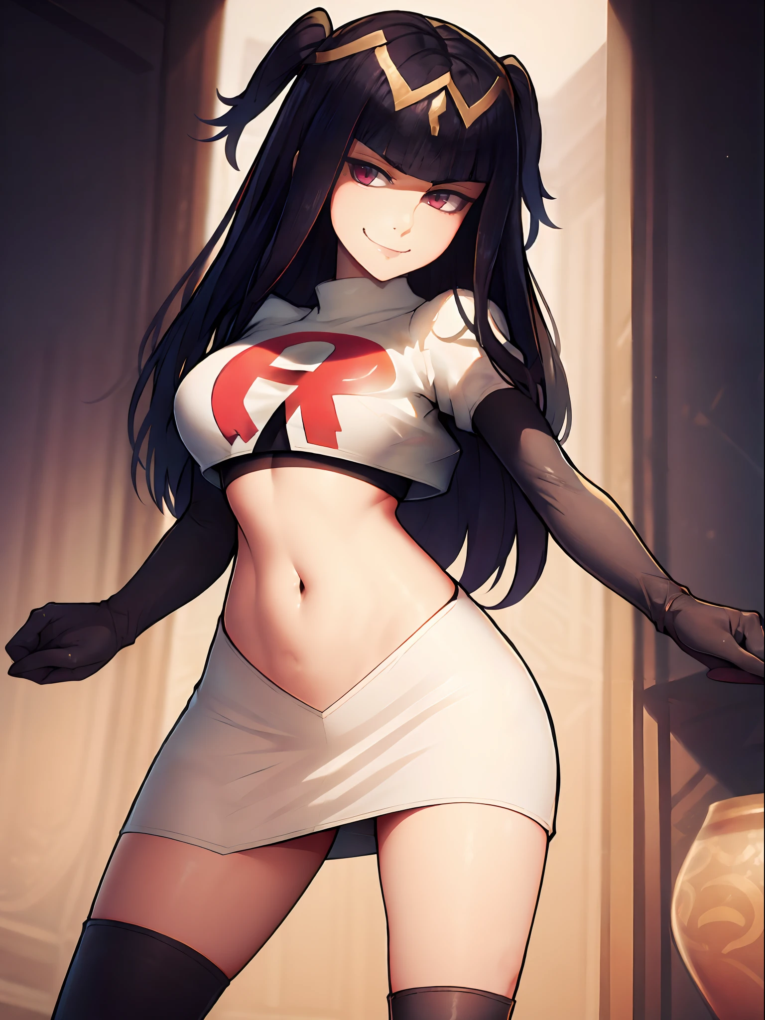 tharja, team rocket, team rocket uniform, red letter R, white skirt, white crop top, black thigh-high boots, black elbow gloves, looking at viewer, evil smile