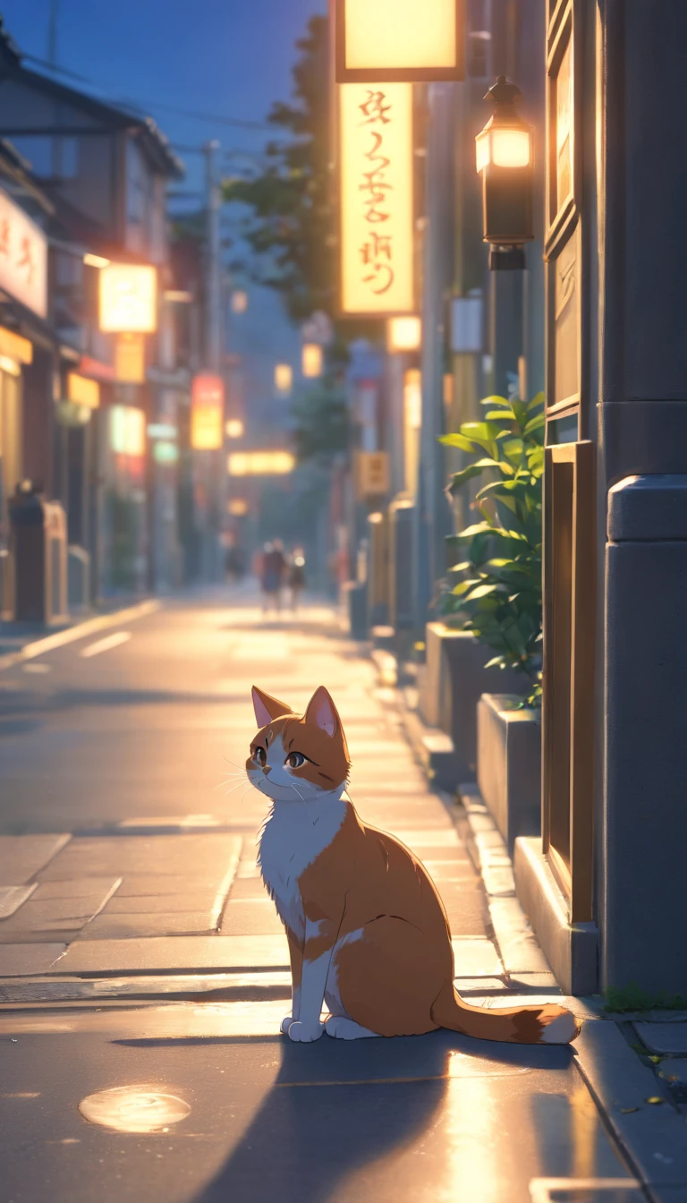 Anime cat sitting on the sidewalk in the middle of a city - SeaArt AI