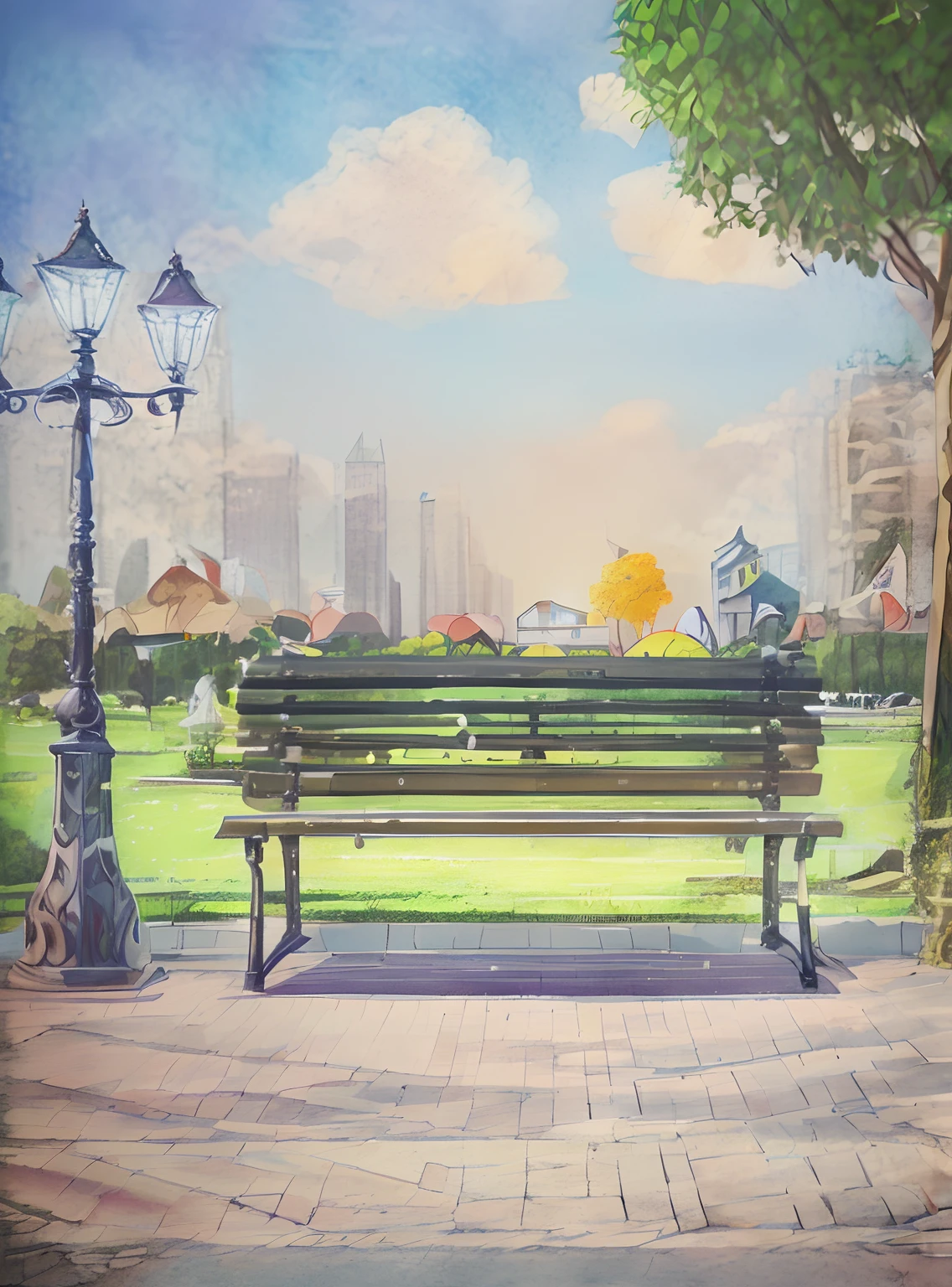 There is a bench and a lamppost in the center of the park, park background, with a park in the background, park in background, with a park in the background, Benches, in the city park, Parks & Public Spaces, sit on bench, Peaceful environment, random background scene, Against a picturesque backdrop , Animation, Masterpiece, Detailed drawing of the Solar environment, Bright juicy colors