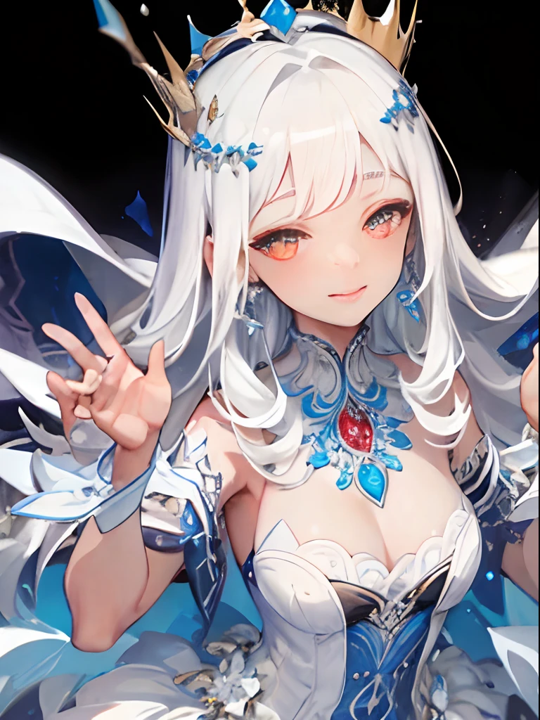 (masterpiece, best quality: 1.4), detailed background, white crystal, crysal cluster,long hair,jewelry, earrings, necklace, crown, bride, white hair, halo, seductive smile, hands up