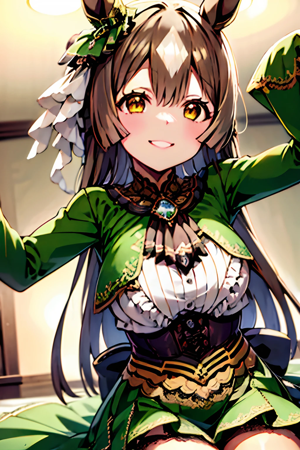 1girl in, Smile, Green dress,, Best Quality, masutepiece, ultra-detailliert, Illustration,Umamusume、