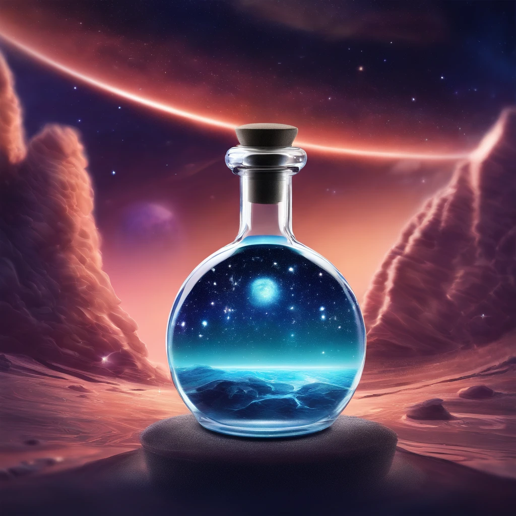 A round glass bottle contains the cosmic starry sky，Floating in the starry sky of the universe