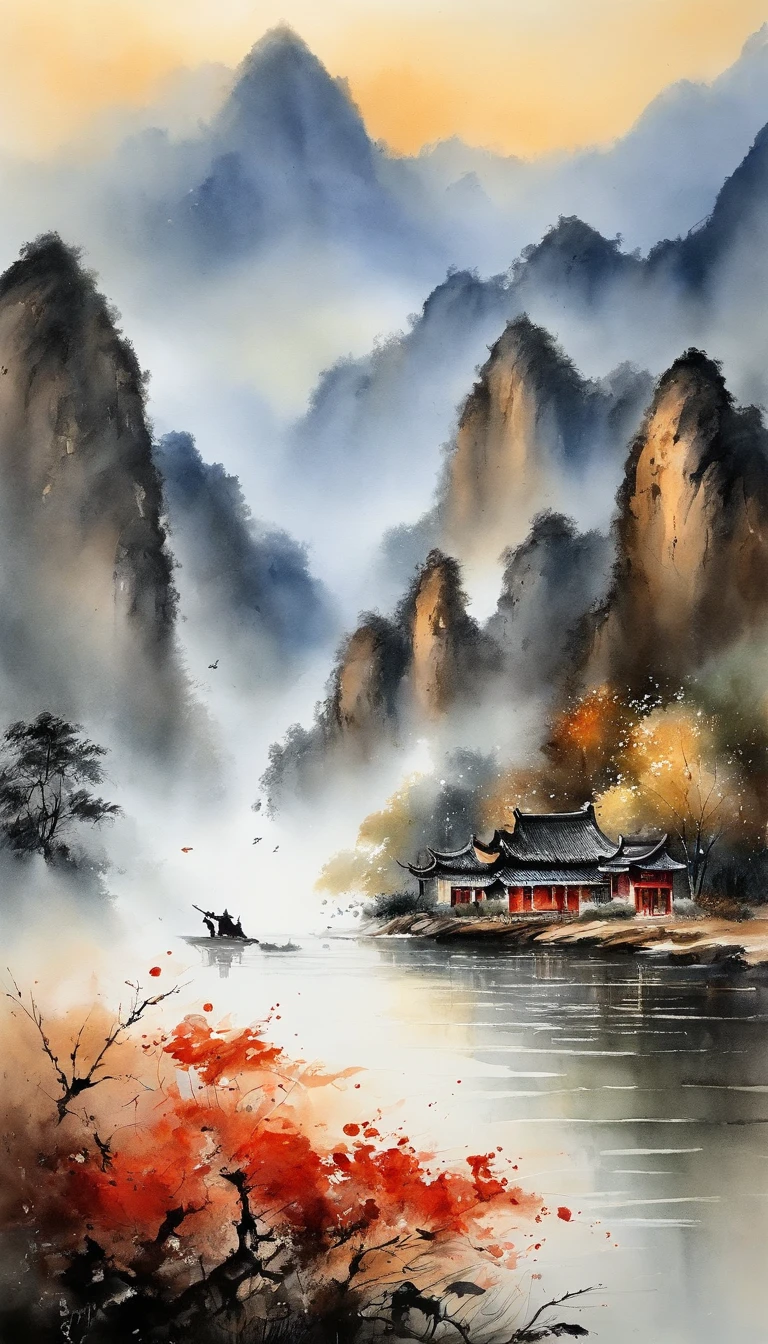 Chinese landscape painting,ink and watercolor painting,water ink,ink,Smudge,Faraway view,Ultra-wide viewing angle,Meticulous,water ink,Smudge,Meticulous,Smudge,low-saturation,Low contrast,The light boat has crossed the Ten Thousand Heavy Mountains,Beautifully depicted,A detailed,acurate,Works of masters,tmasterpiece