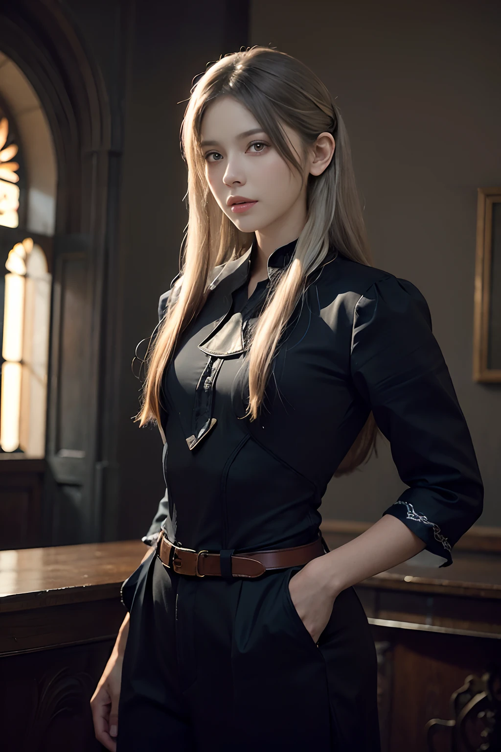A woman in a black shirt and black pants posing for a picture - SeaArt AI