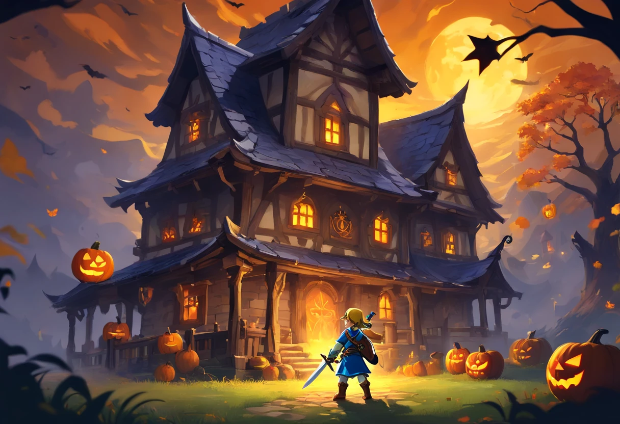 Halloween Night,Ghost Monster Ancient House Win M9 Bayonet Gamma Doppler,The style is Valorant(Intrepid Covenant),The combination of two-dimensional and realism,The scene pays attention to the atmosphere of light and shadow and the sense of space,Ghosts、The union of the divine beasts,Incorporate elements that fit the Halloween theme