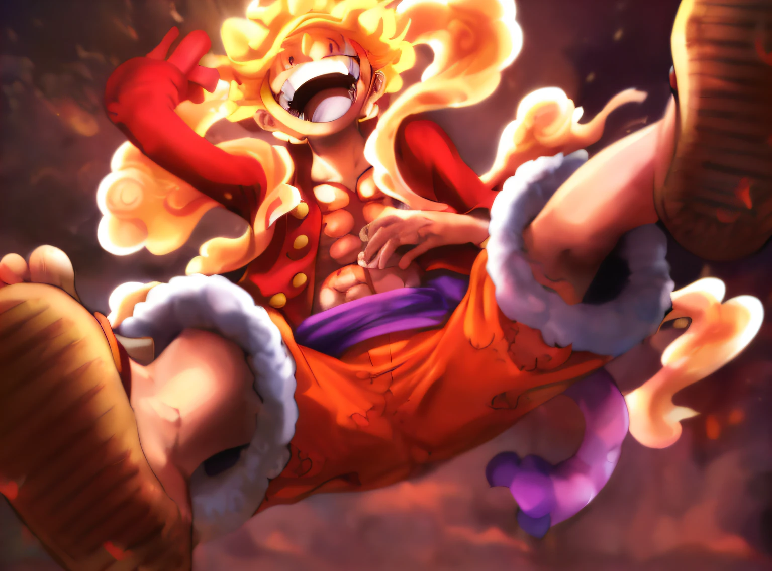 anime character with a very long hair and a very big smile, sun wukong, from one piece, one piece artstyle, luffy gear 5, luffy (one piece, nami one piece, hq artwork, luffy, splash art, vibrant fan art, monkey d luffy, key anime art, one piece style, iconic character splash art, fan art