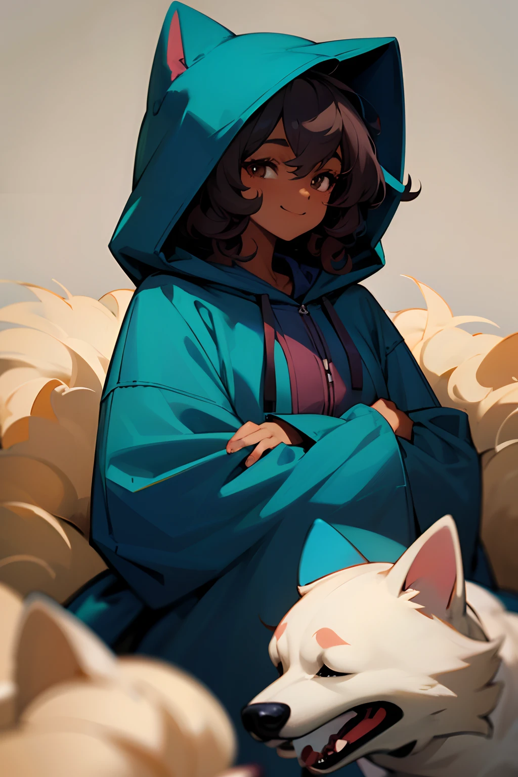 dark skin woman with curly hair wearing hooded pajamas, dog hood up, looking at viewer, girly, cozy, happy