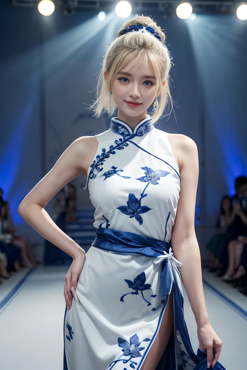 1girll, (Smile) stunningly beautiful girl, A fashion model, Chinese white cheongsam,(Blue and white porcelain style:1.5),(The cheongsam is decorated with blue and white patterns),ancient china art style,posed for photo, Translucent fabric,see through,Fashion show, Long face, Blue eyes, Sandy's blonde hair swept sideways, Short hair, Long ring, (Catwalk walk:1.5), The grand finale of the fashion show, Fashion show evening,running track, Huge stage, Paris Collection, NSFW, full bodyesbian, Masterpiece, Best quality, absurderes, Highest quality, Amazing details, 8K, Aesthetic