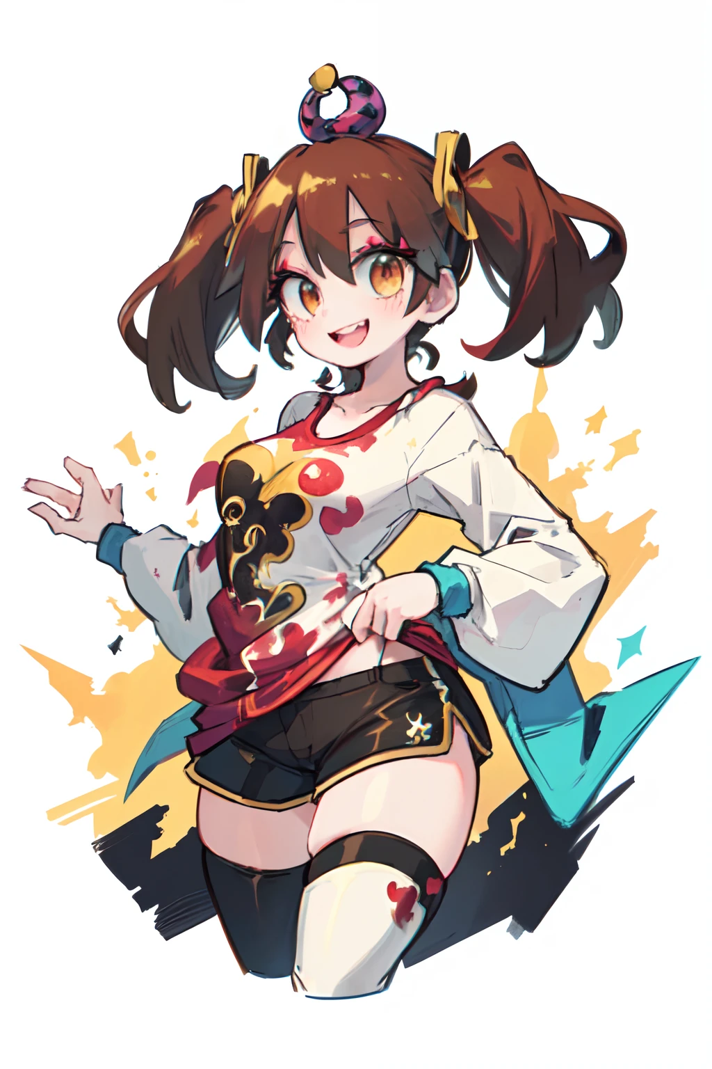1GIRL, insane clown girl, laughing hesterically, sharp big smiling teeth, finely detailed, (best quality), (intricate details), cute style, li, jester style, multicolored, circus background with red curtains, place on fire hell, ((long brown hair in pigtails)), best quality, ((long sleeve shirt and shorts)), ((red and white clothes)), ((jester style clothes)), ((thigh high socks)), ((round eyes)), ((has jester makeup)), beautiful face, happy, cute face, pinup, perfect face, simple background portrait