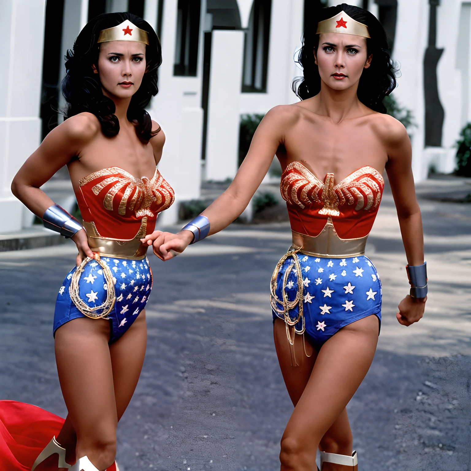 『top-quality』、『Linda Carter』、『TV Drama Wonder Woman:1.3』、『upright immovable』、One person、「Wonder Woman in a swimsuit、She's powerful、Has a confident look。Her gorgeous swimsuit complements her charm。『Her pose is、Chest tension、Pull your arms to your sides、Posture with feet firmly aligned:1.3』