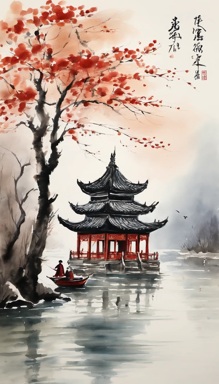Snow view of pagodas and boats in the lake, Chinese watercolor style, Chinese style painting, Chinese painting style, landscape artwork, inspired by Li Keran, by Yang J, inspired by Shen Shichong, Traditional Chinese watercolor, A beautiful artwork illustration, author:Wang Yi, inspired by Dong Qichang, illustration!, by Ye Xin, author:Li Zai
