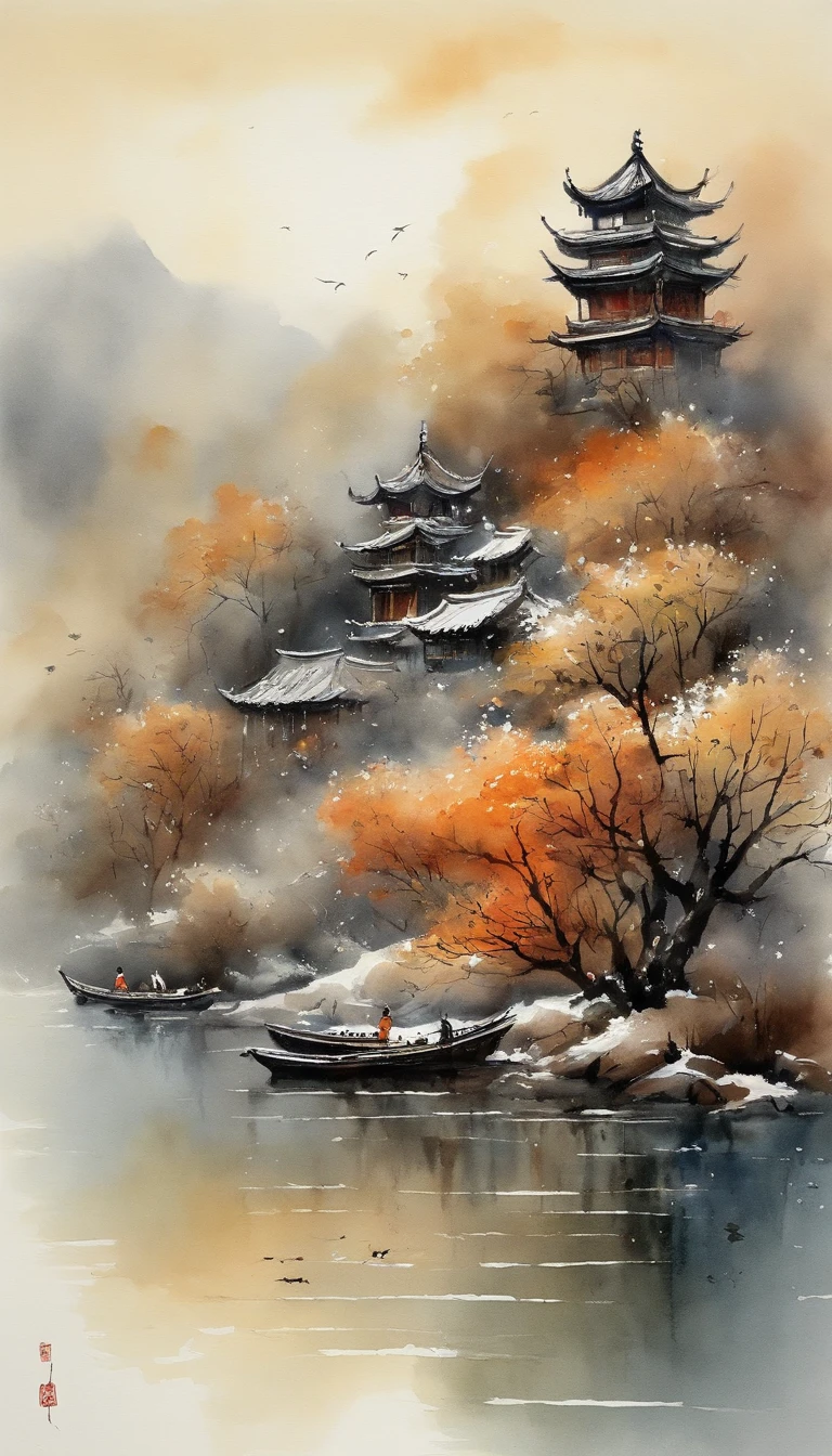 Snow view of pagodas and boats in the lake, Chinese watercolor style, Chinese style painting, Chinese painting style, landscape artwork, inspired by Li Keran, by Yang J, inspired by Shen Shichong, Traditional Chinese watercolor, A beautiful artwork illustration, author:Wang Yi, inspired by Dong Qichang, illustration!, by Ye Xin, author:Li Zai