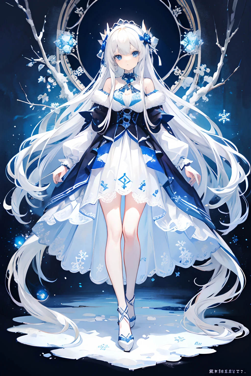 long white hair,blue color eyes,snowflower,The pattern of the snowflake,Multi-layered ta skirt,full bodyesbian,Full body standing painting