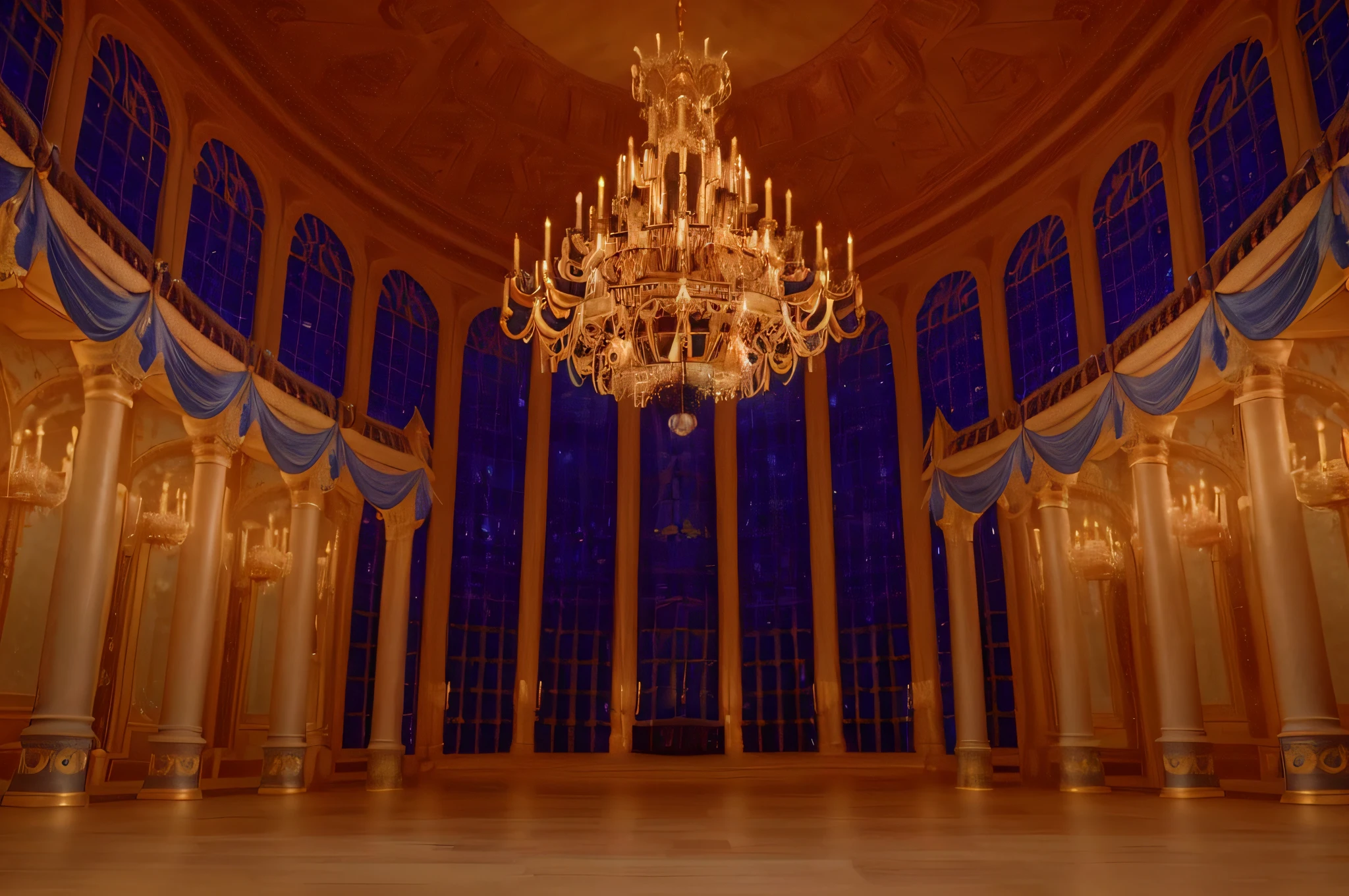 a close up of a chandelier in a large room with a blue ceiling, majestical lighting, intricate castle interior, castle great hall, dark majestic ornate great hall, exquisitely designed throne room, royal interior, ballroom background, inside a palace, stunning grand architecture, inside a grand, luxury castle, ornate dining hall, inside a grand ornate room, classical lighting