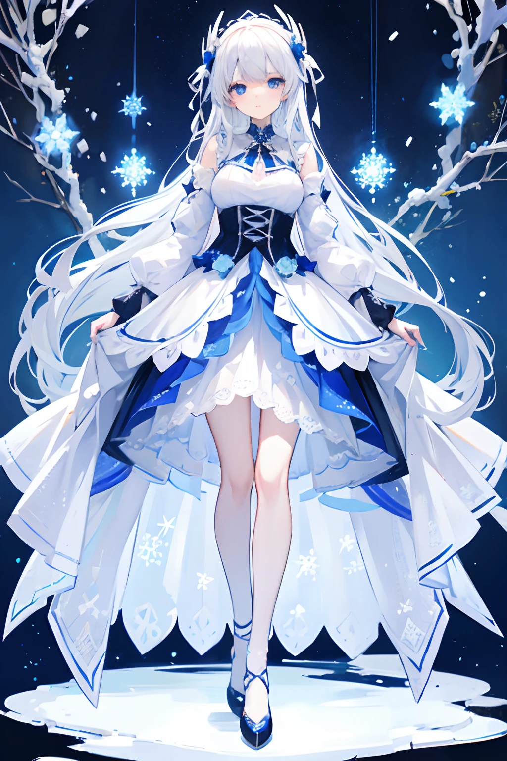 long white hair,blue color eyes,snowflower,The pattern of the snowflake,Multi-layered lolita skirt,full bodyesbian,Full body standing painting