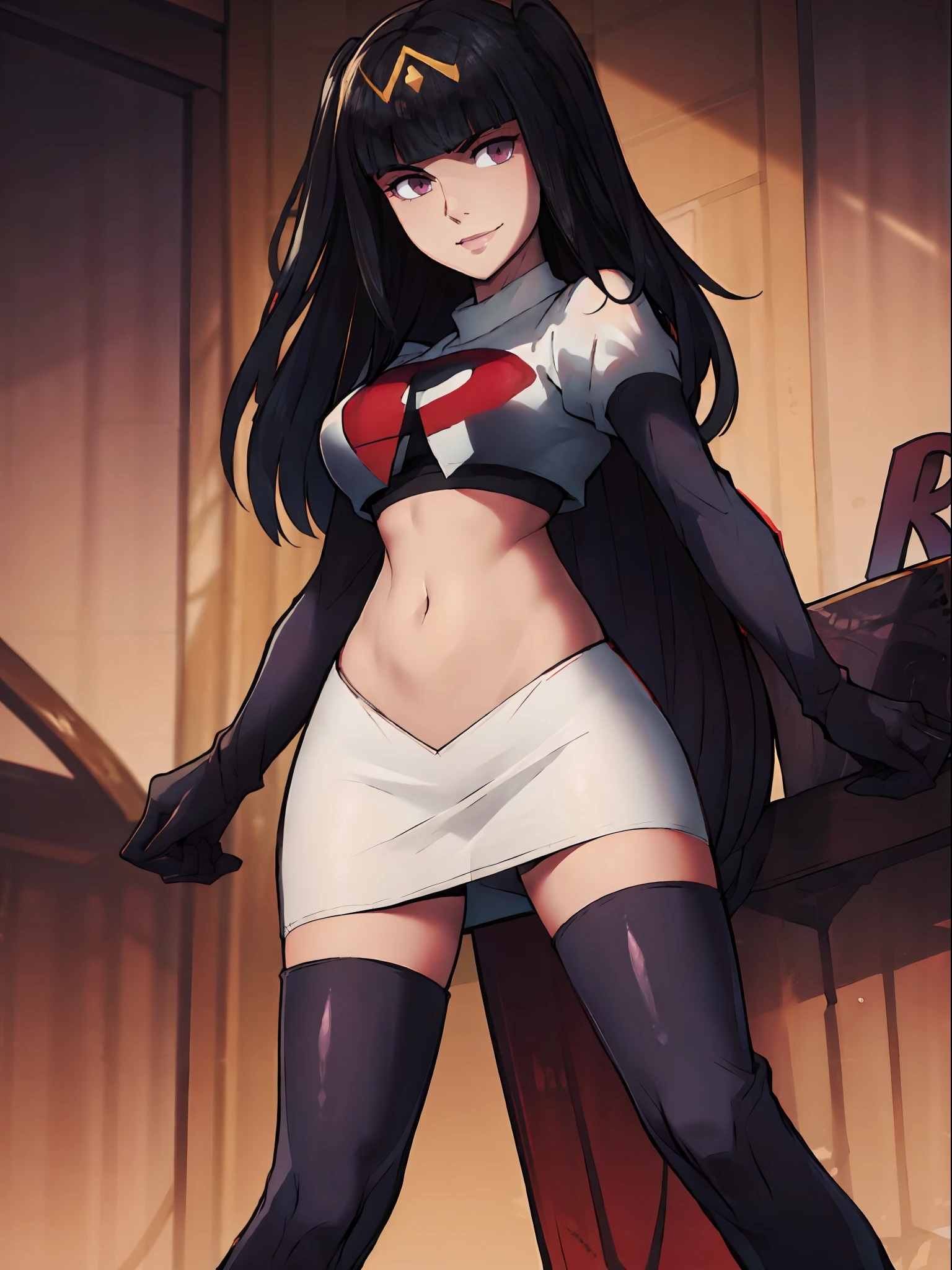 tharja, team rocket, team rocket uniform, red letter R, white skirt, white crop top, black thigh-high boots, black elbow gloves, looking at viewer, evil smile