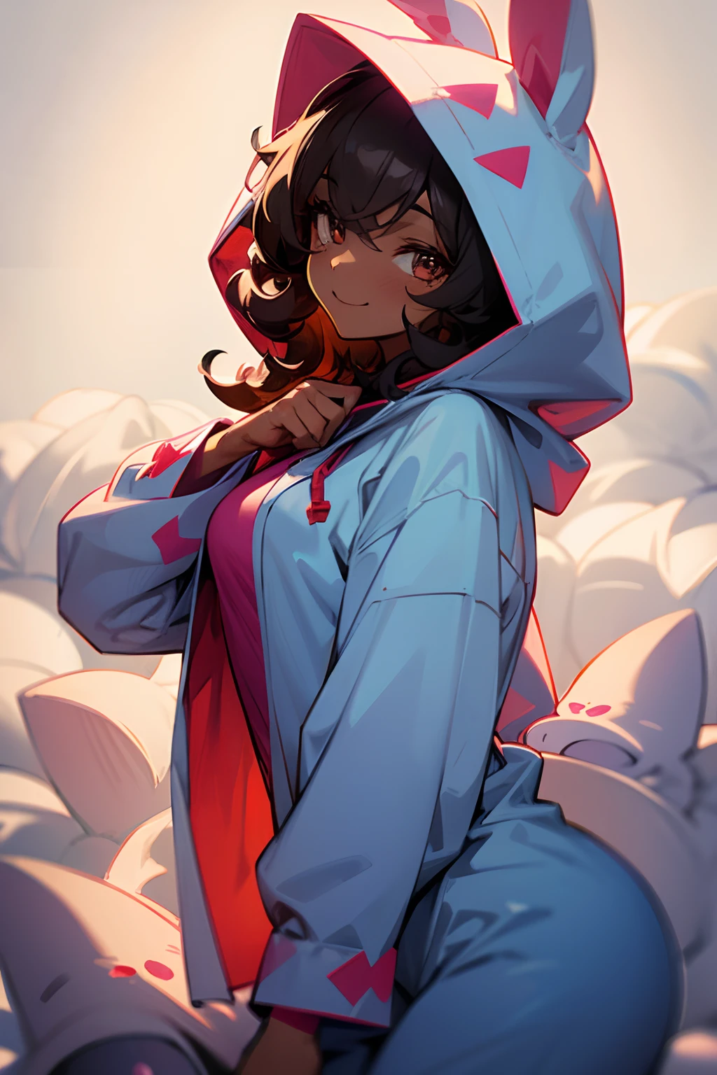 dark skin woman with curly hair wearing hooded pajamas, bunny hood up, looking at viewer, girly, cozy, happy