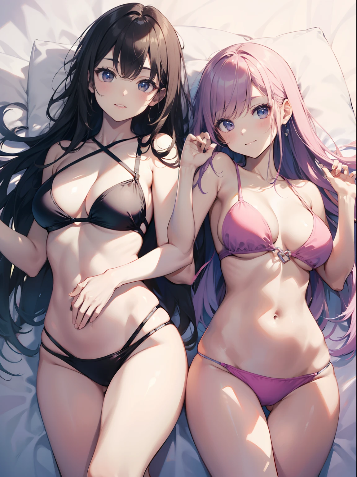 The ultra -The high-definition、high-level image quality、top-quality、Full feet and hands、complete fingers、Beautuful Women、1 persons、ssmile、Pink swimsuit、piece sign、sprawl、all-fours