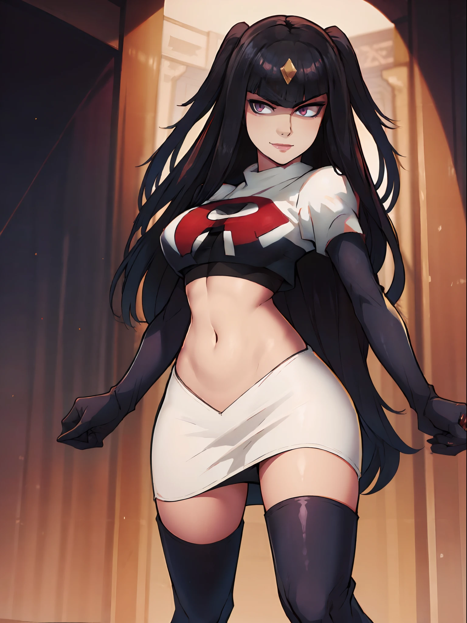 tharja, team rocket, team rocket uniform, red letter R, white skirt, white crop top, black thigh-high boots, black elbow gloves, looking at viewer, evil smile