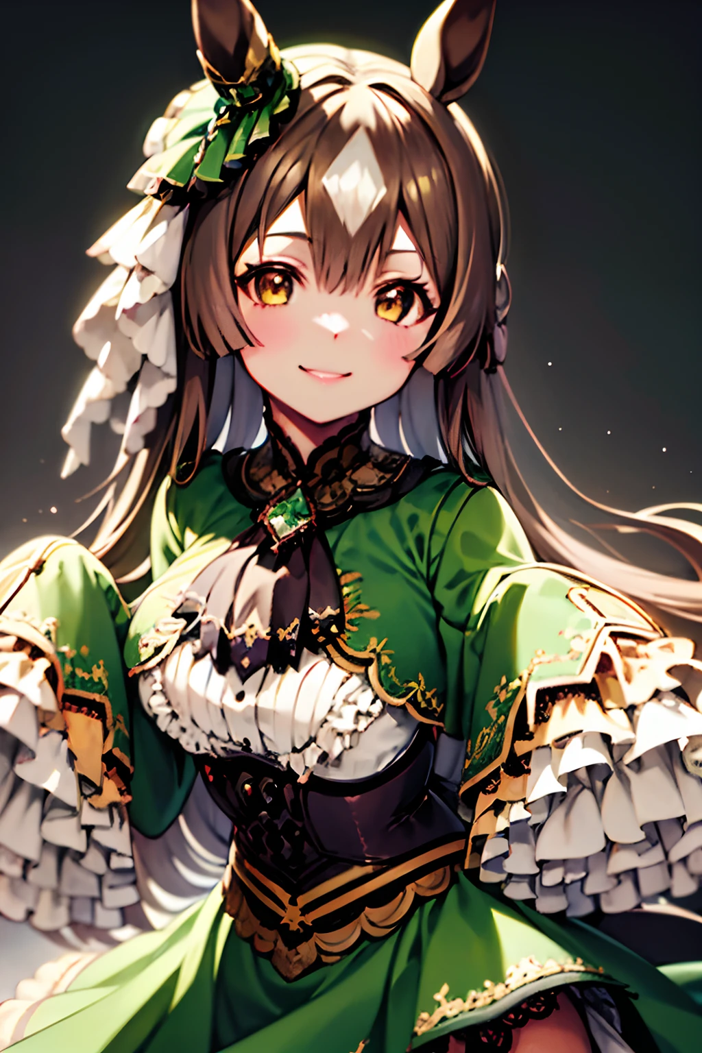 1girl in, Smile, Green dress,, Best Quality, masutepiece, ultra-detailliert, Illustration,Umamusume、