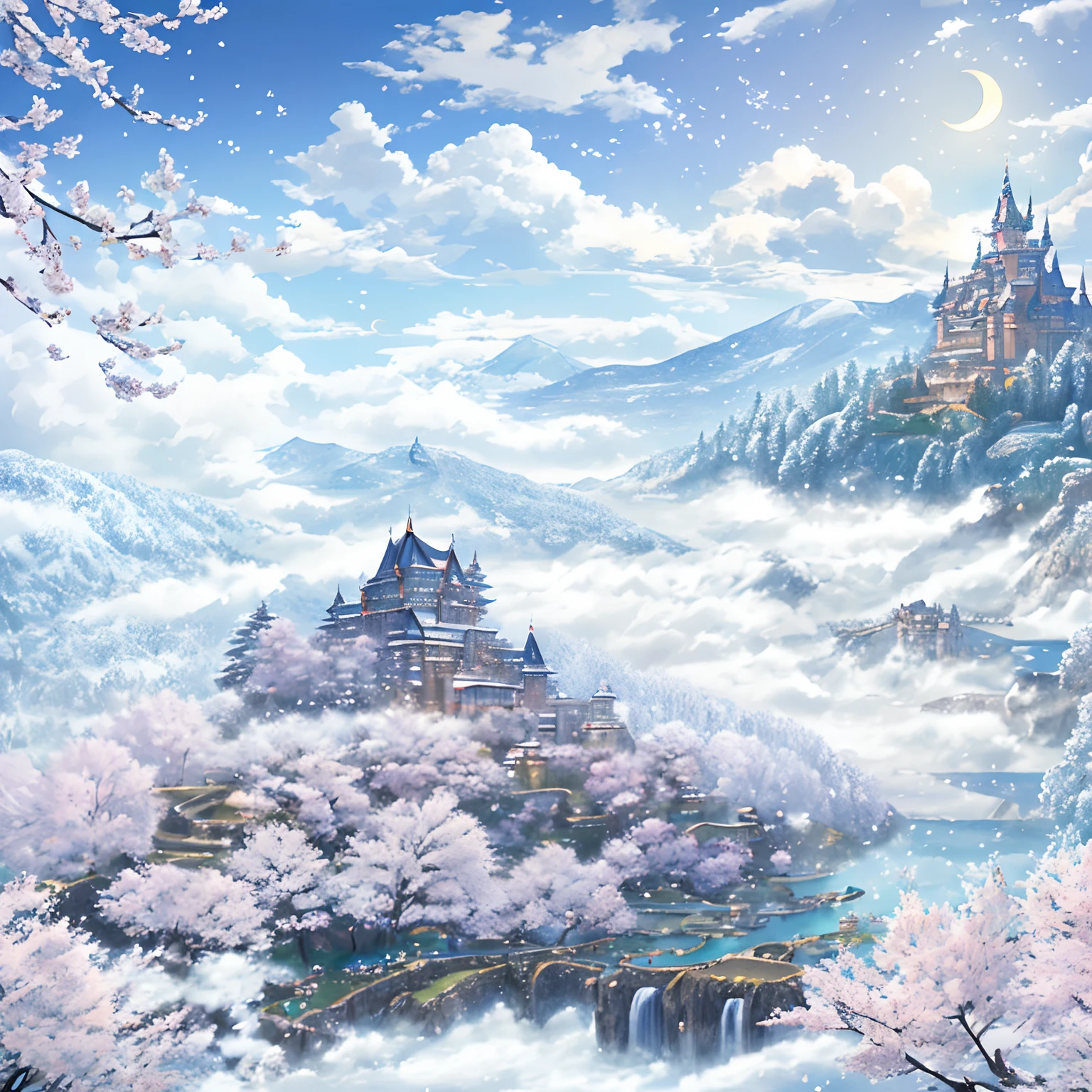 ​masterpiece、hightquality、Realistic、landscape shot、life-like、A detailed、Like the photo、Castle shining in the sky、Castle of the God of the Sky、Castle in the Sky、Flying Castle、Castle of Glory、Castle above the clouds、The cherry tree々A lush castle surrounded by、Sakura blizzard、Falling waterfall、a moon