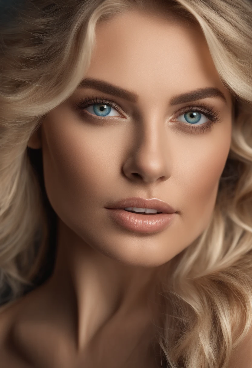 Ultra-realistic, meticulously detailed portrait of a sexy blonde-haired woman with large, glossy blue-green eyes and detailed skin pores, captured in RAW UHD format. Her look is natural, with subtle makeup accentuating her features, giving her a suntan glow and bedroom eyes that look directly into the camera. She's in a bedroom setting, kneeling on the bed for a stunning full-body shot, with a medium to large size bust, her hair shimmering. The woman is holding a black plastic dietary supplement bottle with a white label, complementing her natural allure without makeup. Her complex eye details remain the focal point, lending to a highly detailed and captivating image.