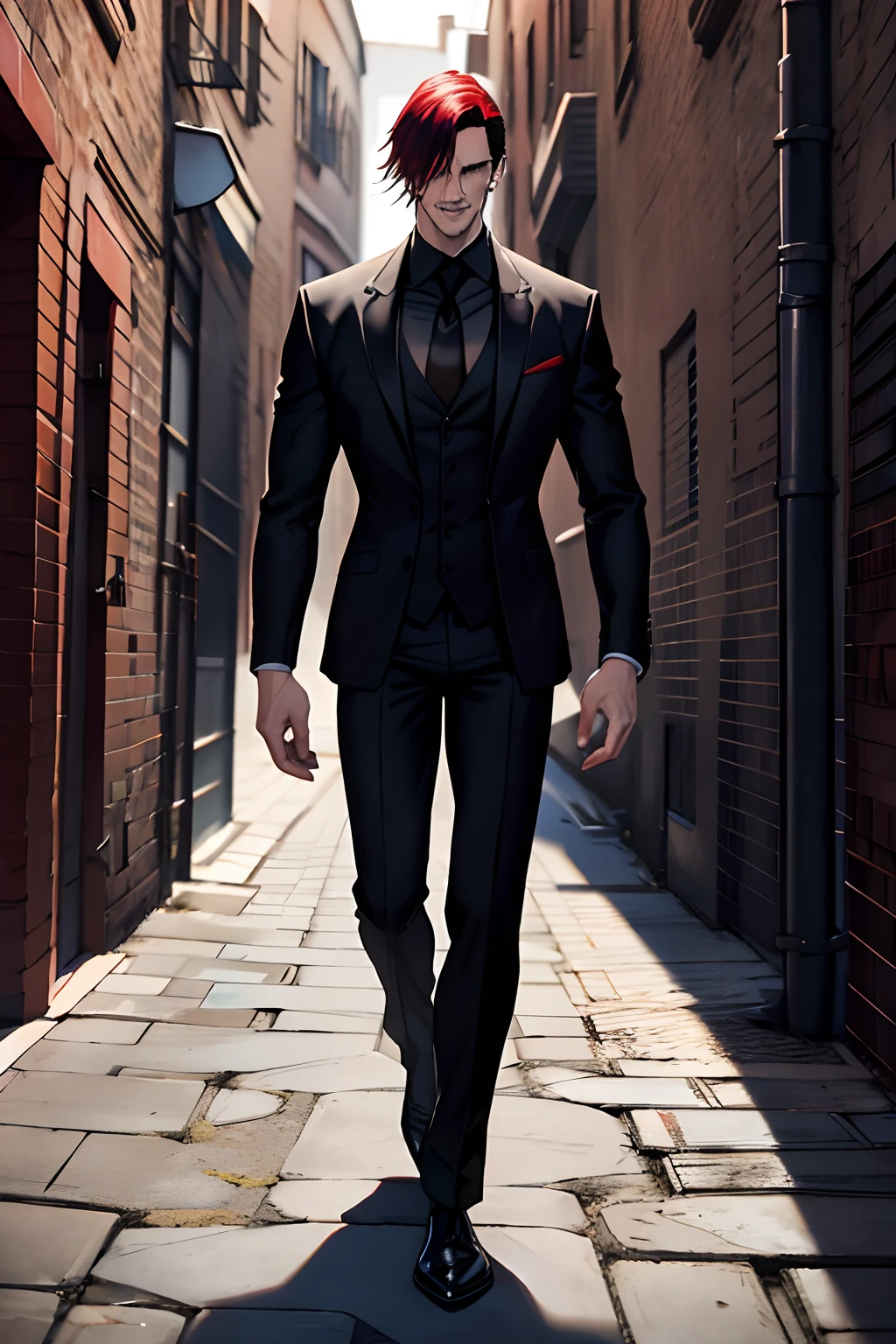 Tall man, wearing an entire black suit, black undershirt, red tie, red gloves, black boots, golden watch on both arms, swept back red hair, handsome, muscular, smiling, standing in an alleyway, menacing, scar on mouth, muscular male, wearing all black suit, completely jet black, matte black