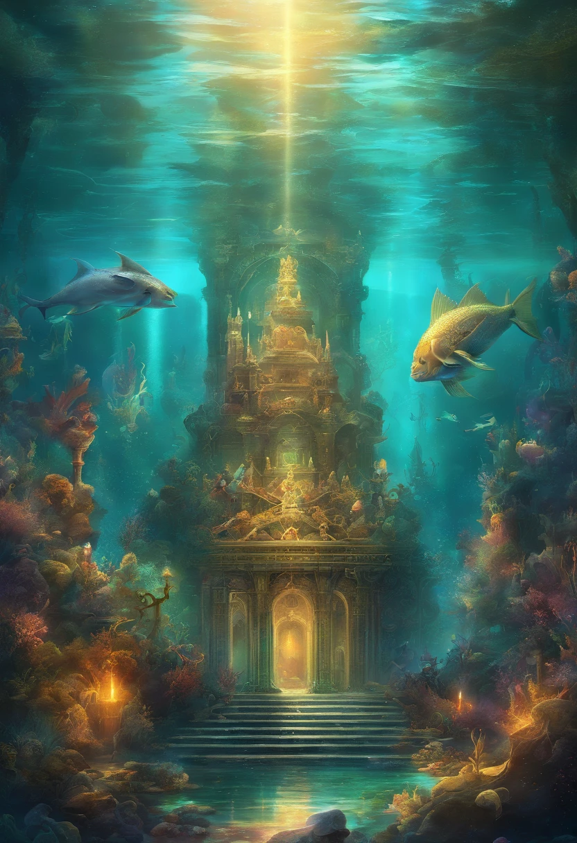 (ultra-detailed, best quality, HDR:1.2), underwater kingdom, majestic king of the sea, powerful trident, shimmering scales, graceful mermaids, mythical creatures, vibrant coral reefs, mysterious shipwrecks, mesmerizing sea colors, ethereal lighting, enchanting water reflections, mythical aura, breathtaking depths, captivating marine life, mythical underwater city, majestic seahorses, magic and mystery, ancient ruins, hidden treasures, sparkling golden sands, endless ocean horizon, grandeur and beauty, otherworldly aquatic creatures, divine power, soothing ocean waves, mythical battles, mythical creatures emerging from the depths, divine underwater landscapes, serene aquatic paradise, royal underwater palace
