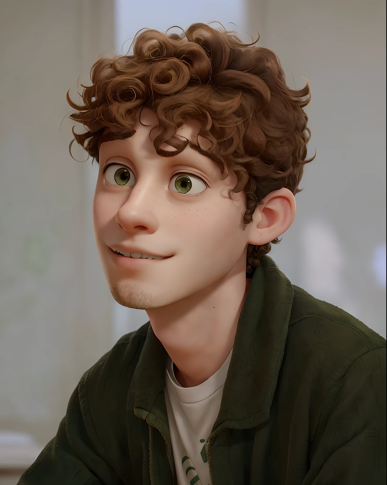arafed man with curly hair and a green jacket sitting down, finn wolfhard, with pale skin, timothee chalamet, delicate androgynous prince, inspired by Jean Malouel, he has short curly brown hair, style of seb mckinnon, high quality portrait, beautiful androgynous prince, portrait of timothee chalamet, perfect face and boy