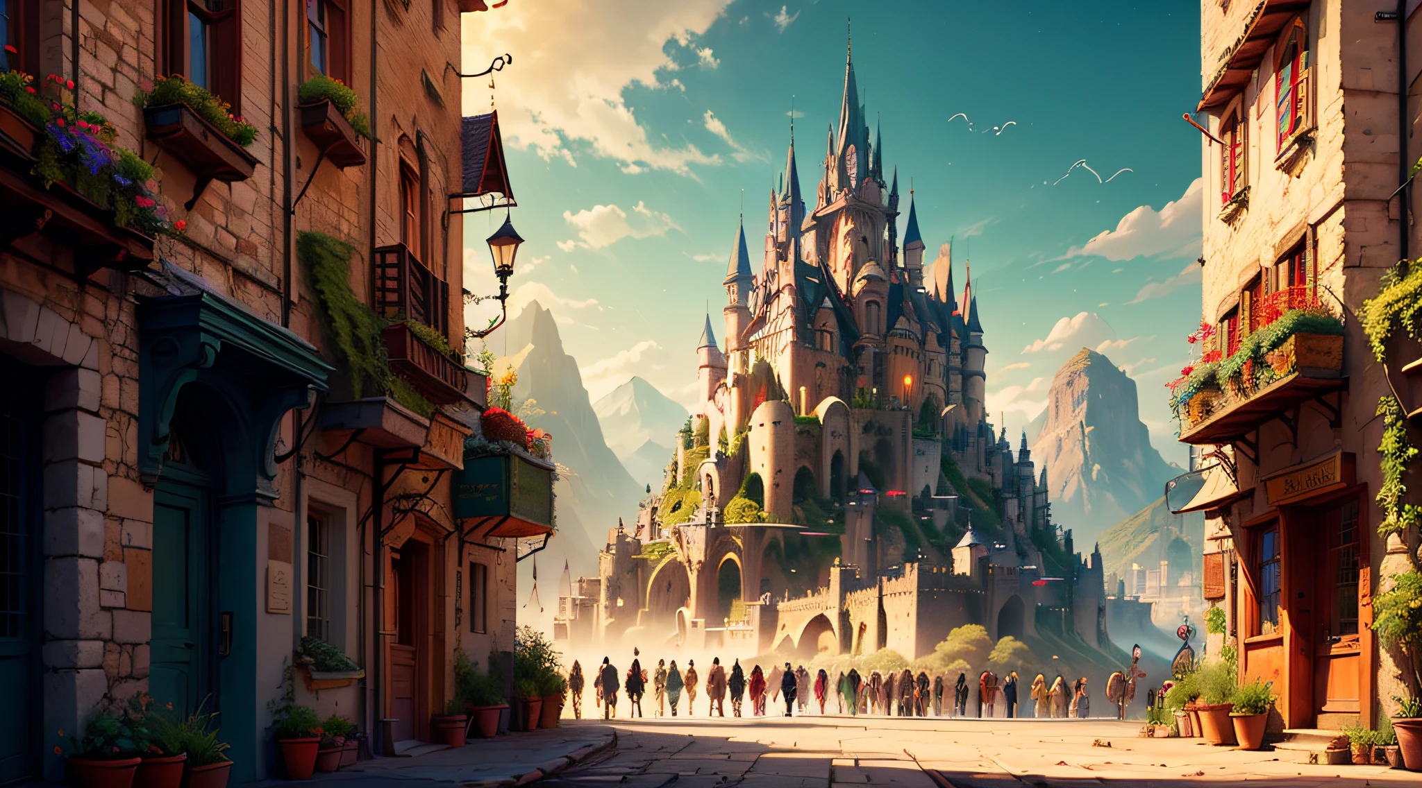 ((fantasy-medieval theme)), fantasy-medieval large-metropolitan fortified city, semi-tropical, mountains in the background, high towering and long fantasy-medieval castle-palace standing at the top of the rocky-green hill in the middle of the city, fantasy-medieval roads, (((colorful buildings))), busy street, crowded, aesthetic, masterpiece, best quality