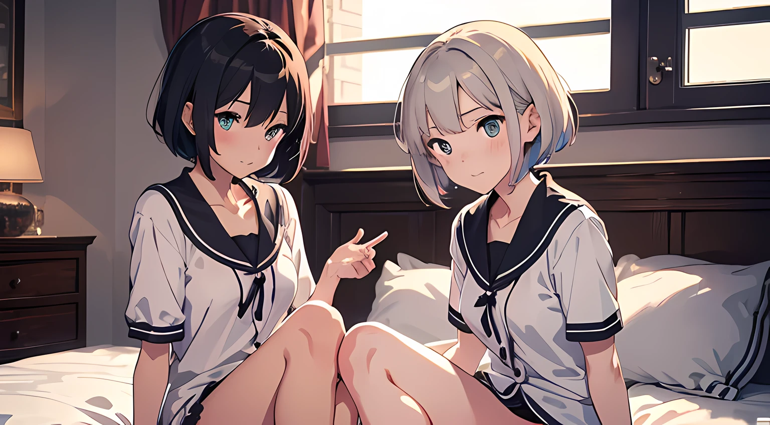 2 girls, (beautiful eyes finely detailed, short hair with different colors), wearing very different outfit, sit on the bed, full body, teasing facial expression, looking at the camera, blush on their face, bedroom, master piece, sidelighting, top-quiality, detailed, High Resolution anime illustration