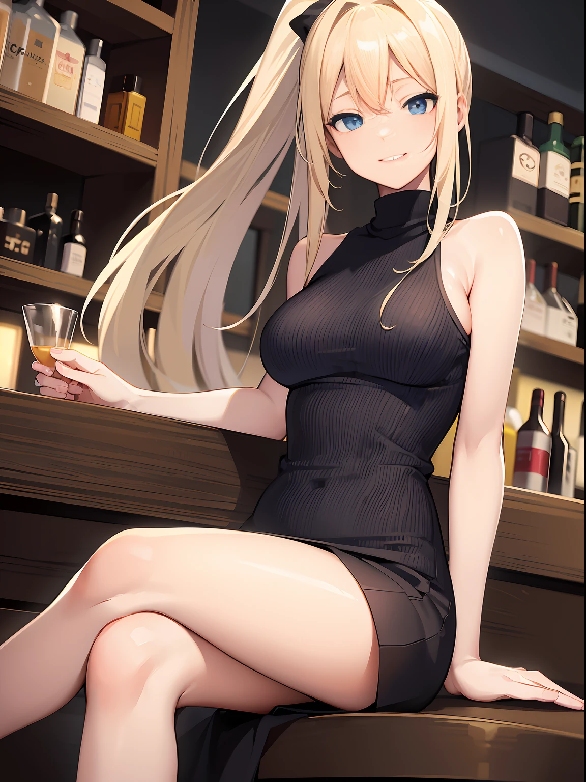 masterpiece, best quality, 1girl, very curly hair, blonde hair, shiny hair, tiara, diadem, medium breasts, glossy lips, good lighting, latifa fleuranza, dress, elbow gloves, in a bar, in a club, crowd, sitting, high heels