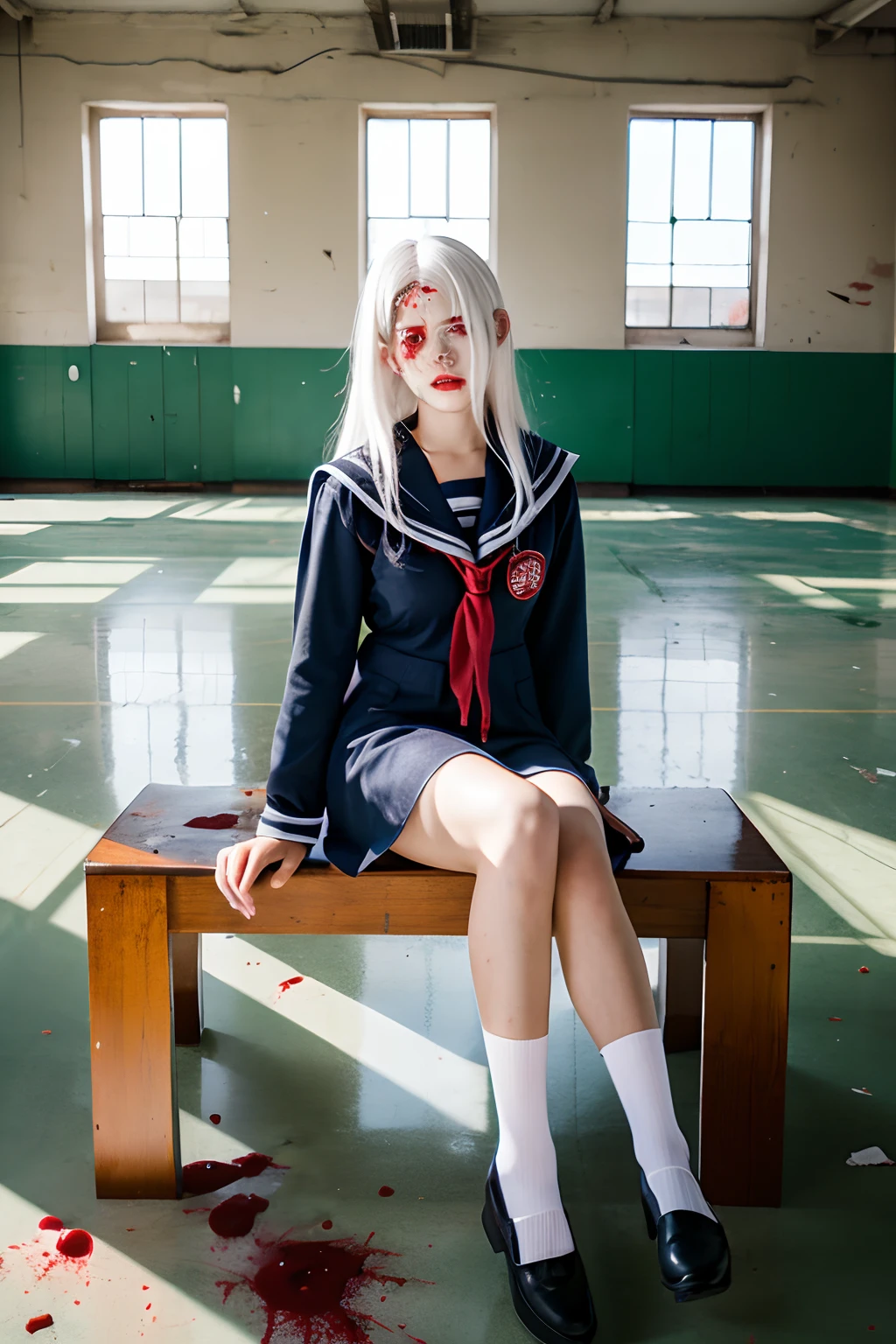 masterpiece、Masterpiece、high-level image quality、realistic、Sitting in an abandoned school、Red-eyed girl、White hair、white hair、Wearing a black sailor suit、clong legs、Model body type、(((bleeding from the eyes,)))、Sitting in an abandoned school