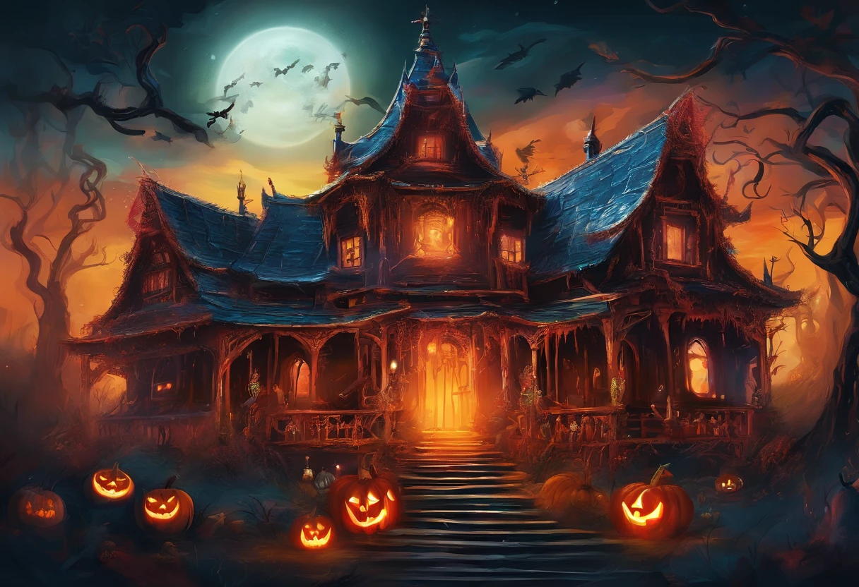 Halloween Night,Ghost Monster Ancient House Win M9 Bayonet Gamma Doppler,The style is Valorant(Intrepid Covenant),The combination of two-dimensional and realism,The scene pays attention to the atmosphere of light and shadow and the sense of space,Ghosts、The union of the divine beasts,Incorporate elements that fit the Halloween theme