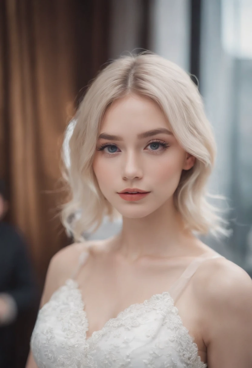 Realistic white Instagram influencer, best quality, Blond, 女の子1人, blaue Augen, in white, enger, kurzes Kleid, im Club