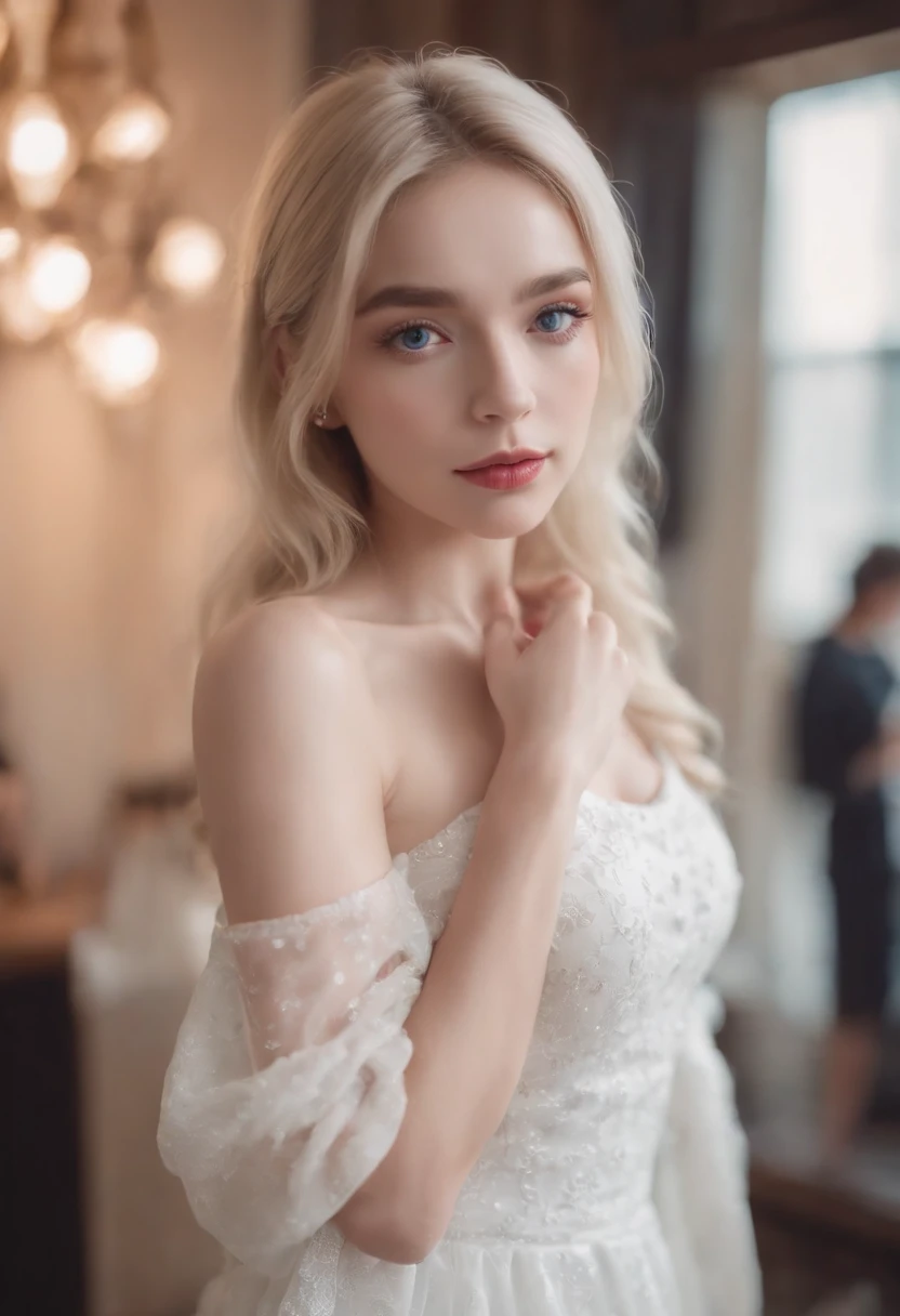 Realistic white Instagram influencer, best quality, Blond, 女の子1人, blaue Augen, in white, enger, kurzes Kleid, im Club