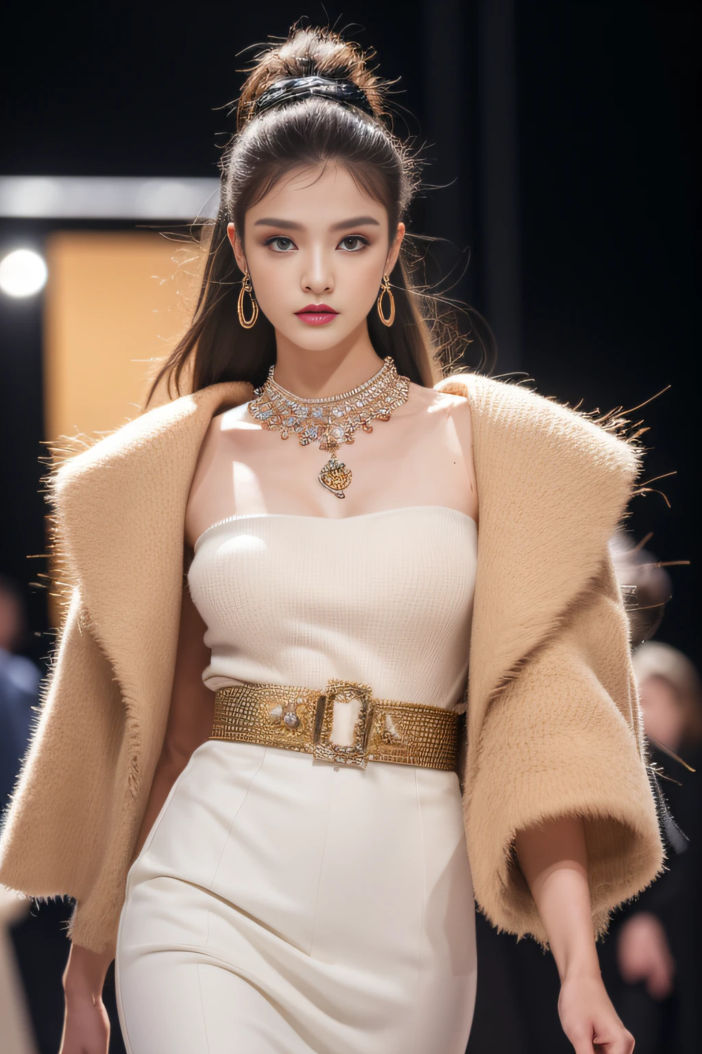 (Best quality,4K,8K,A high resolution,Masterpiece:1.2),Ultra-detailed,Realistic:1.37],（（Paris Fashion Week，Autumn and winter，coat large）），Dynamic capture,high-definition photography,running track,backstage,Glamorous makeup,tempting pose,Wheat complexion，Flawless complexion,Catwalk,Professional lighting,Vibrant colors,Stunning visuals,Impeccable fashion，Fashion-forward,Exquisite accessories,Profesional photogarpher,Famous designer,fashion hair,Amazing performance,Photogenic