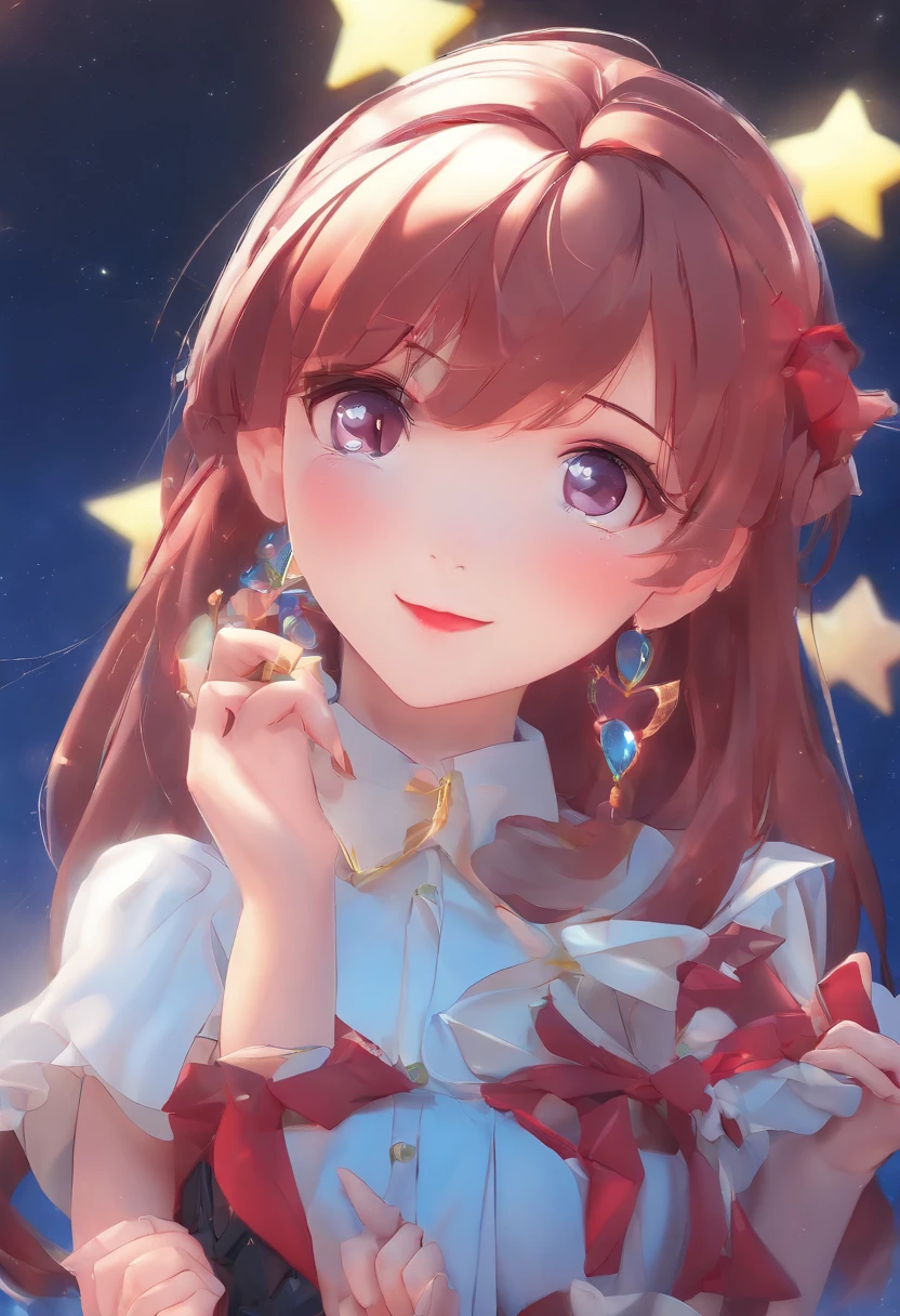 (extremamente delicado e bonito: 1.2), 1girl, franja, olhos azuis, blur, desfocar fundo, arco, brown hair, Cale a boca, side view, cabelo entre os olhos, hairbow, lanterna, light particles, mangas compridas, look at audience, medium hair, Noite, red bow, sozinho, Estrelas(simbol), parte superior do corpo, sorrir, red lips