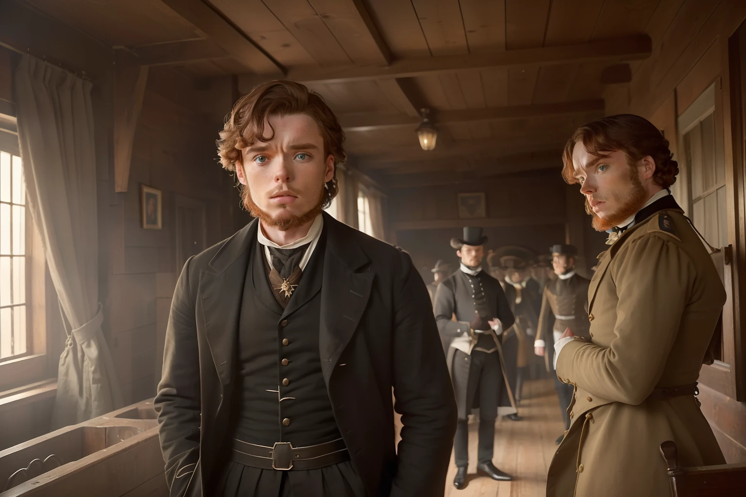 year: 1862. Location: Pittsburg Landing, Tennessee. Pre-Raphaelite (((44-year-old Richard Madden))), ((overweigth)), army doctor, in a boat deck, ((worried look)), ((((Clothing from the 1860s)))) ((Hairstyle of the 1860s)), ((("OMITB" cinematography)))