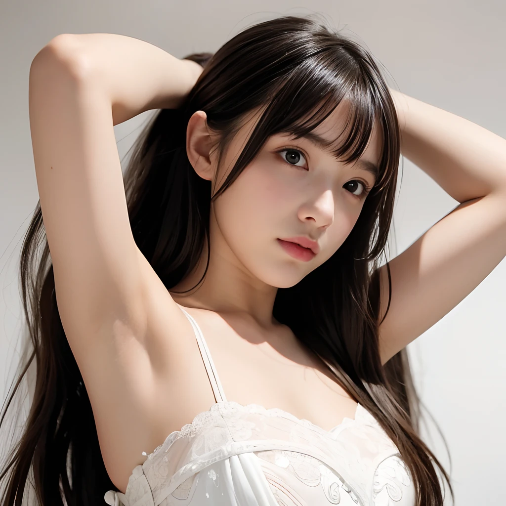 A girl,,bangs bangs,pretty face,wedding dress,white background,straight long hair,armpit,hands behind head