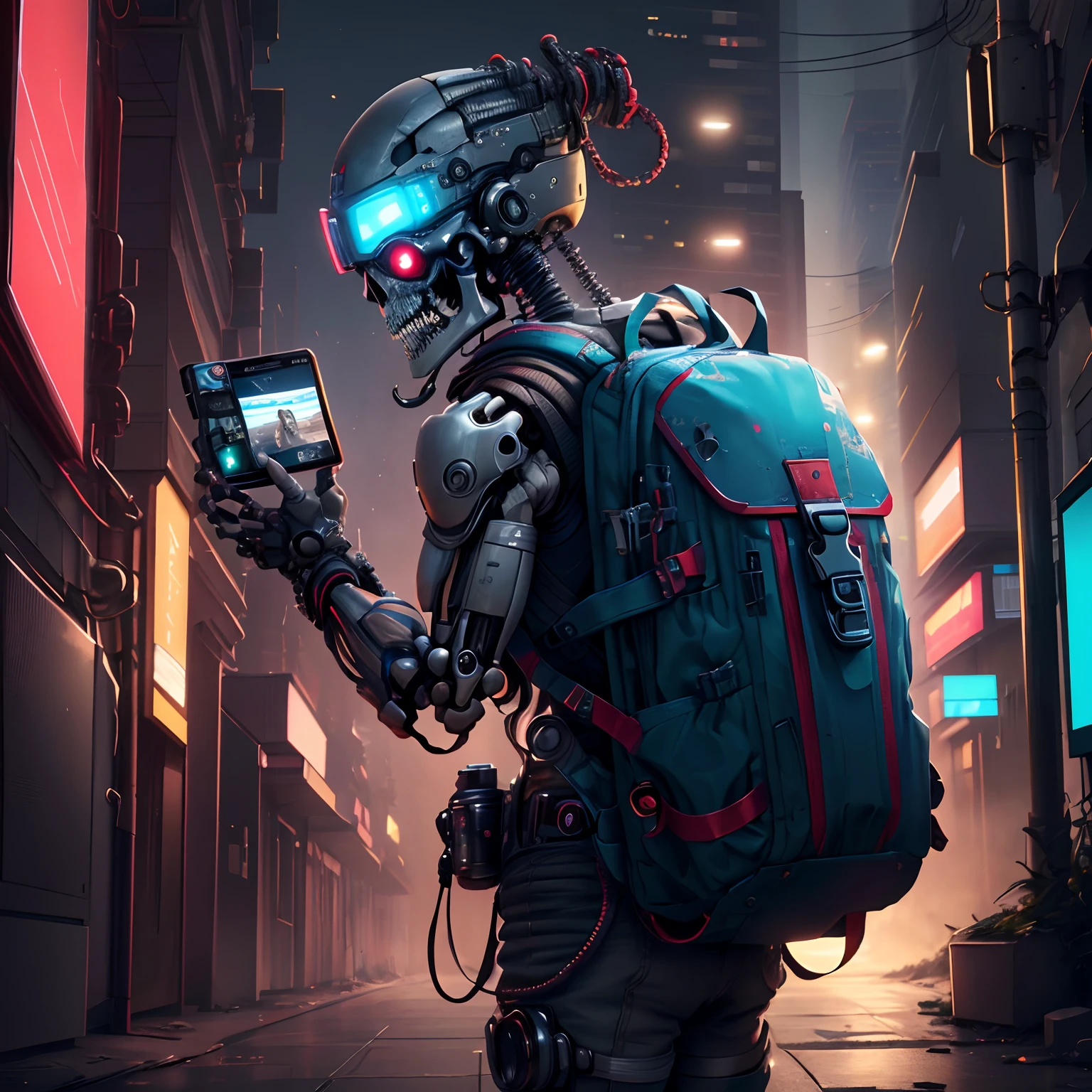 Have a Nikon camera、Male cyborg、１a person、exoskeleton、NIKON、Nikon Camera、Hold the camera up、Point the camera、Have a Nikon camera、Camera lens、Nikon Camera、NIKON、Nikon Mirrorless Cameras、Nikon Z7、Mirrorless Camera、SLR、taking photo、cyberpunked、skeletal、Red and blue light、musculature、Holding the camera in your hand、Have a camera、