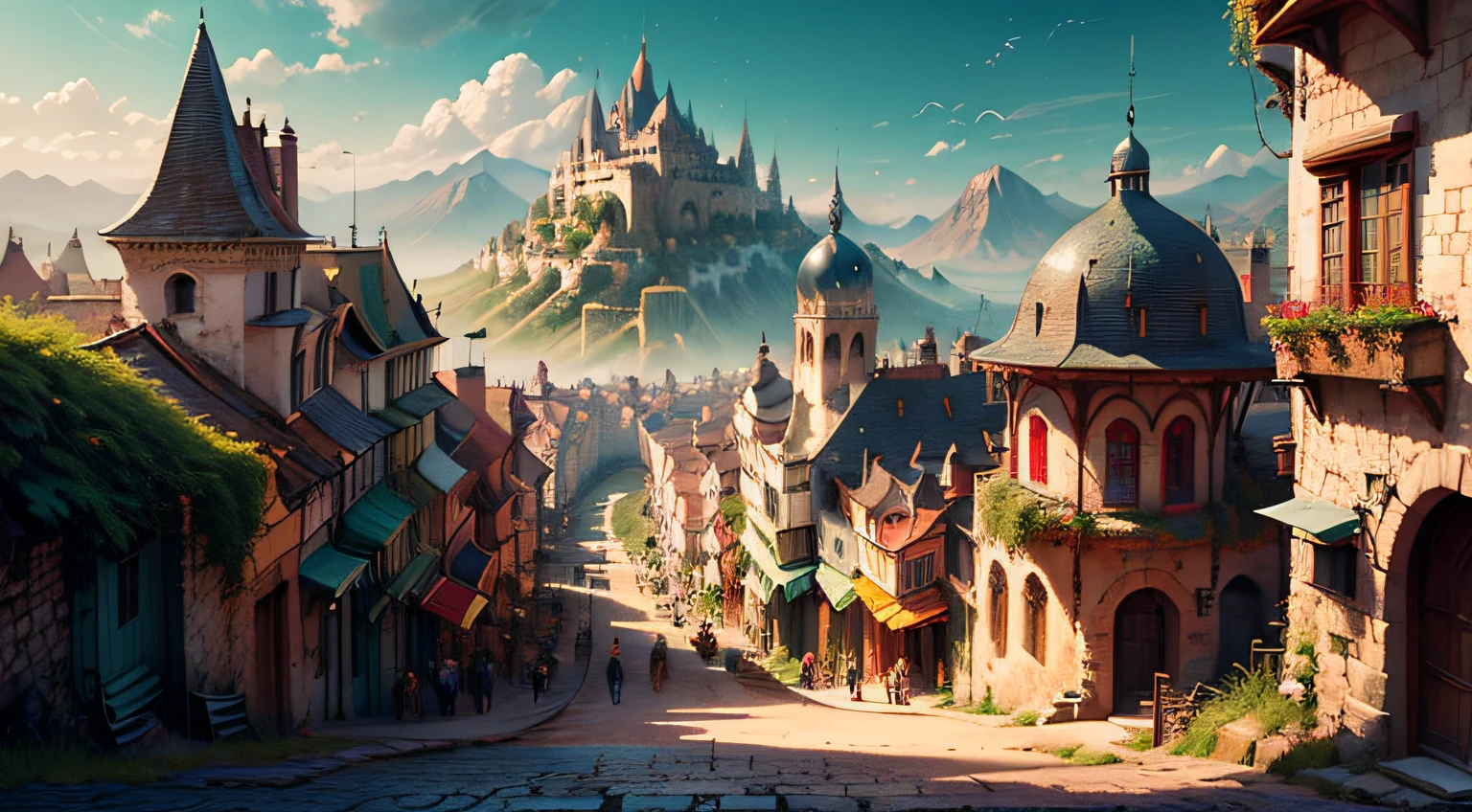 ((fantasy-medieval theme)), fantasy-medieval large-metropolitan fortified city, semi-tropical, mountains in the background, 1 high towering and long fantasy-medieval castle-palace standing at the top of the rocky-green hill in the middle of the city, fantasy-medieval roads, (((colorful buildings))), busy street, crowded, aesthetic, masterpiece, best quality