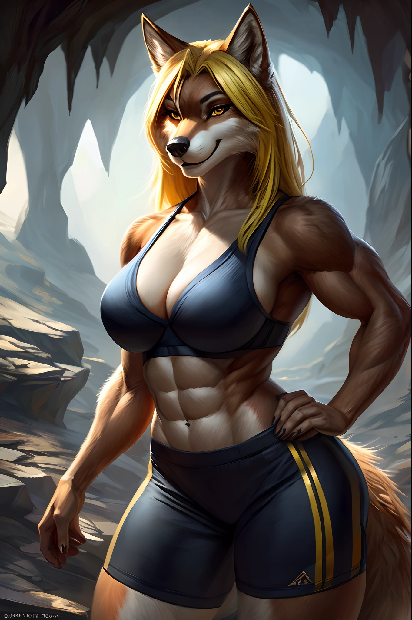 legging shorts bra gym suit cute, muscular female yellow hair naughty face wolf cute female wolf face, muscular body, fox without hair wolf girl face body without hair ((realistic)), Uploaded on e621, by Garmash, Ruan Jia, Darkgem, cave , female, detailed, realistic painting, (((shading))) Extreme Detail, ((wolf Girl)), and BBW with big wolfwolf