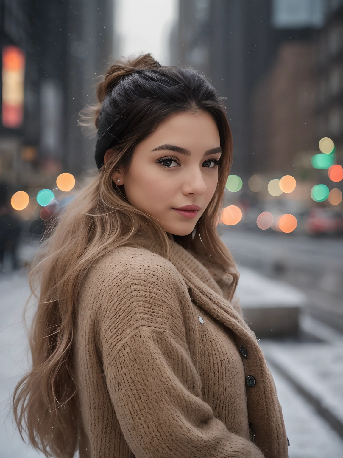 __hair color__, Latina woman, long hair, New York City background, winter, professional, 4K, HD, UHD, 8K, high detail, ultra definition