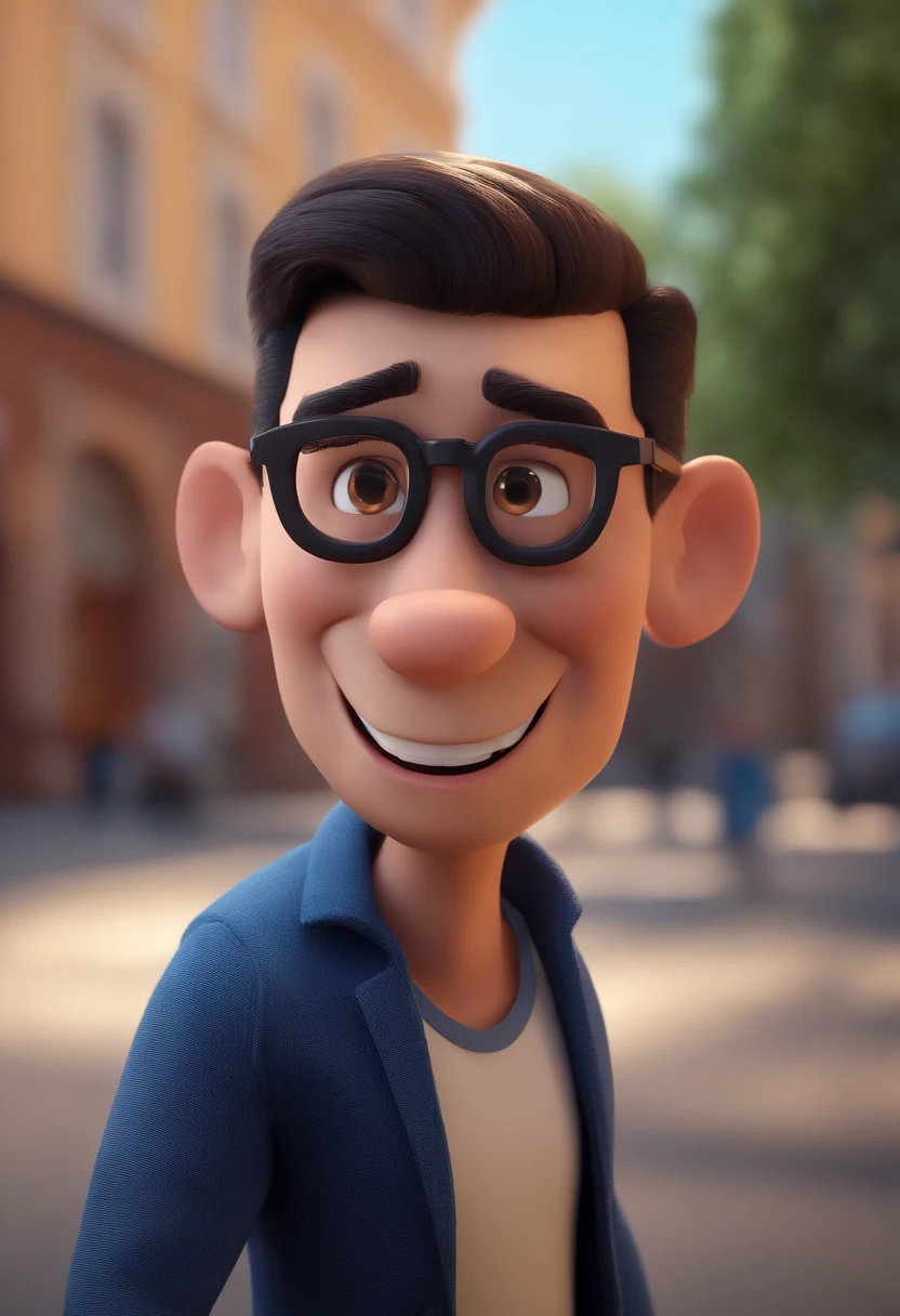 Cartoon character of a man with black glasses and a blue shirt, animation character, Caractere estilizado, animation style rendering, 3D estilizado, Arnold Maya render, 3 d render stylized, toon render keyshot, Personagem 3D, Personagem 3D, 3d rendering stylized, 3 d character render, personagem de desenho animado, Personagem de close up, Pose de personagem, (Estilo Pixar) (master part:1.2) (Bokeh) (best quality) (pele detalhada) (textura detalhada) (8k) (argila) (Cinematic lighting) (foco nítido