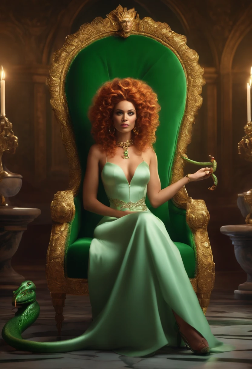 The image of the white Medusa, short sexy dress, The hair is a snake coiled green, Exaggerated earrings, Magic wand in hand. She's funny,Stay in the palace. Pixar format, seated on a throne, With a smile