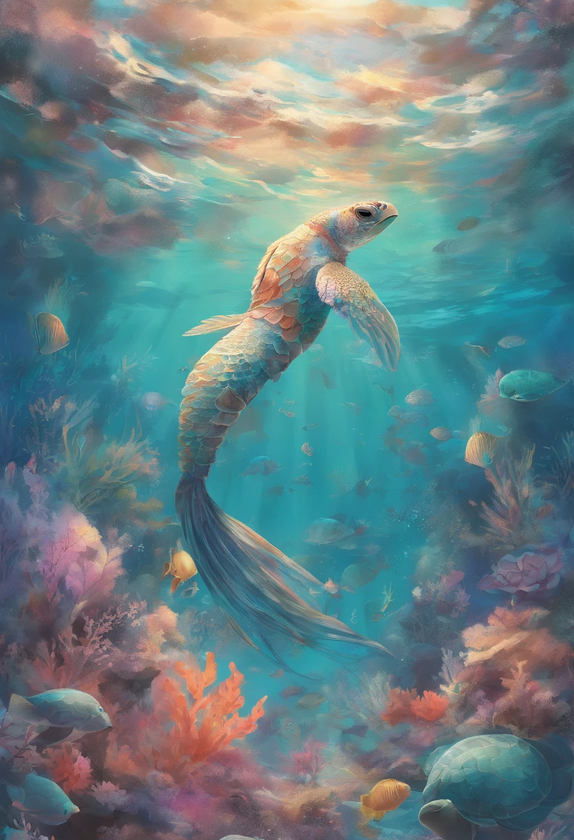 (best quality,4k,8k,highres,masterpiece:1.2),ultra-detailed,(realistic,photorealistic,photo-realistic:1.37),oceanic-themed illustration,beautiful detailed eyes,beautiful detailed lips,extremely detailed eyes and face,long eyelashes,mesmerizing seashell crafts,sparkling underwater world with vibrant corals and tropical fish,serene mermaid with flowing hair and shimmering tail gracefully sitting on a rocky shore,sea turtles swimming peacefully in crystal clear turquoise water,sailboats gliding across the horizon,reflective sunlight shimmering on the ocean surface,soft pastel color palette with hints of aqua blue and coral pink,ethereal glow illuminating the scene,mystical mermaid castle in the distance,whimsical seahorses playing among the seaweed,seagulls soaring in the sky,a sense of tranquility and serenity radiating from the artwork.