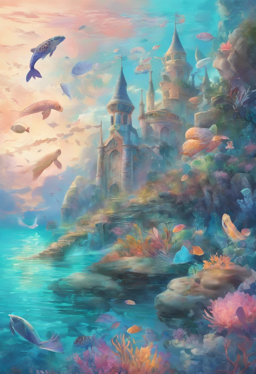 (best quality,4k,8k,highres,masterpiece:1.2),ultra-detailed,(realistic,photorealistic,photo-realistic:1.37),oceanic-themed illustration,beautiful detailed eyes,beautiful detailed lips,extremely detailed eyes and face,long eyelashes,mesmerizing seashell crafts,sparkling underwater world with vibrant corals and tropical fish,serene mermaid with flowing hair and shimmering tail gracefully sitting on a rocky shore,sea turtles swimming peacefully in crystal clear turquoise water,sailboats gliding across the horizon,reflective sunlight shimmering on the ocean surface,soft pastel color palette with hints of aqua blue and coral pink,ethereal glow illuminating the scene,mystical mermaid castle in the distance,whimsical seahorses playing among the seaweed,seagulls soaring in the sky,a sense of tranquility and serenity radiating from the artwork.