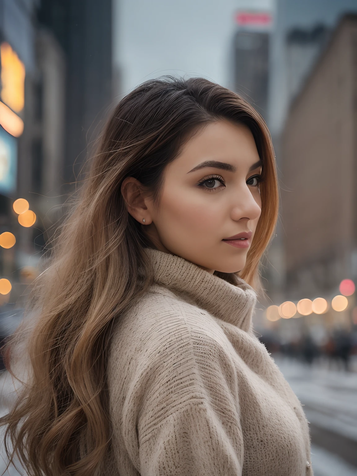 __hair color__, Latina woman, long hair, New York City background, winter, professional, 4K, HD, UHD, 8K, high detail, ultra definition