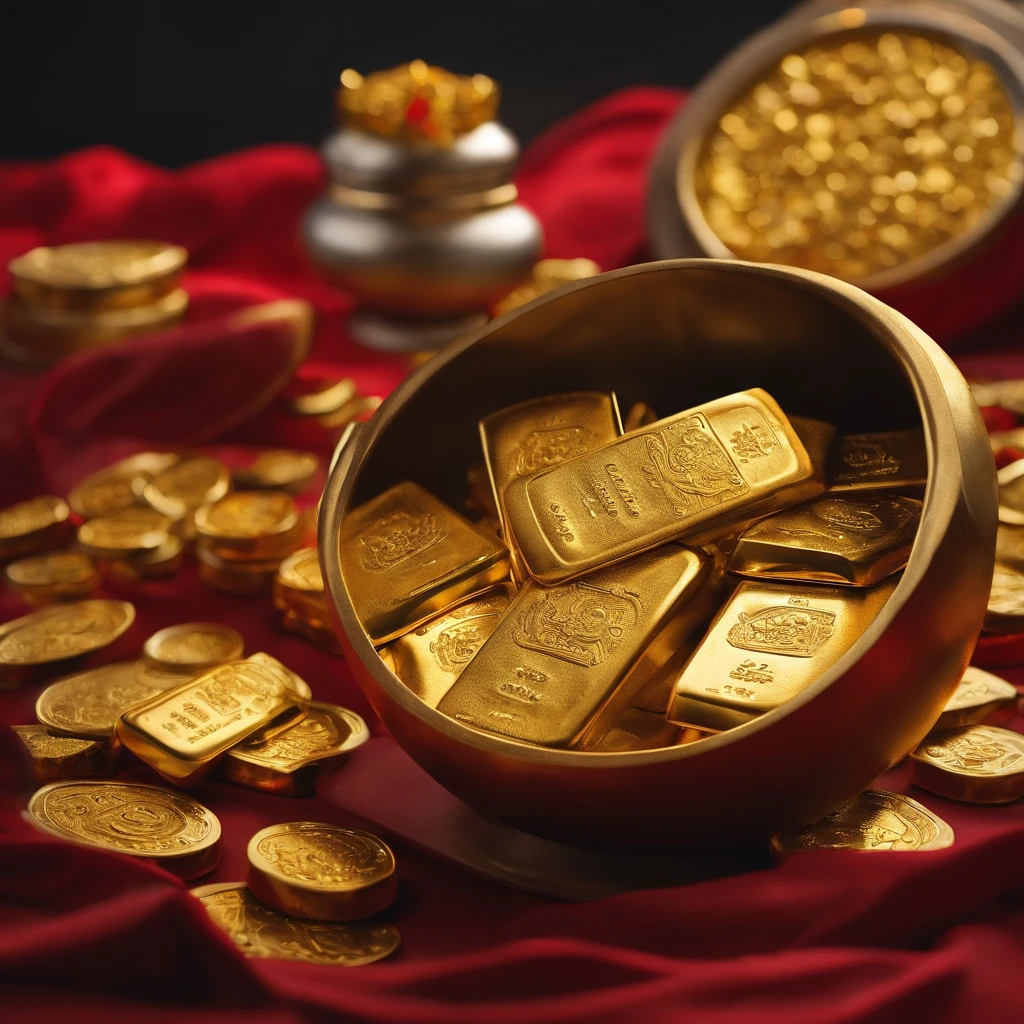 The ground is full of gold ingots,The ancient God of Wealth smiled and held a gold ingot,Dressed in red